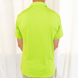 Back view of male model wearing green polo
