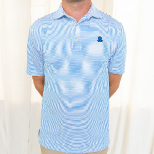 Front view of a blue and white striped golf polo