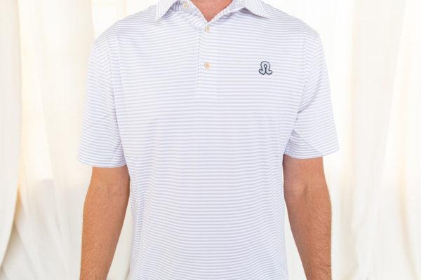 Purple and white striped polo on male model