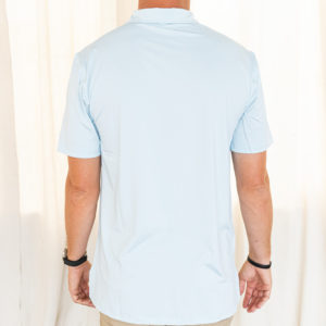 Back view of male model wearing pale blue polo