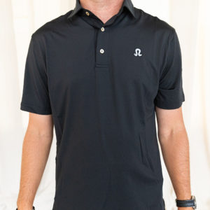 Front view of black polo with blue logo